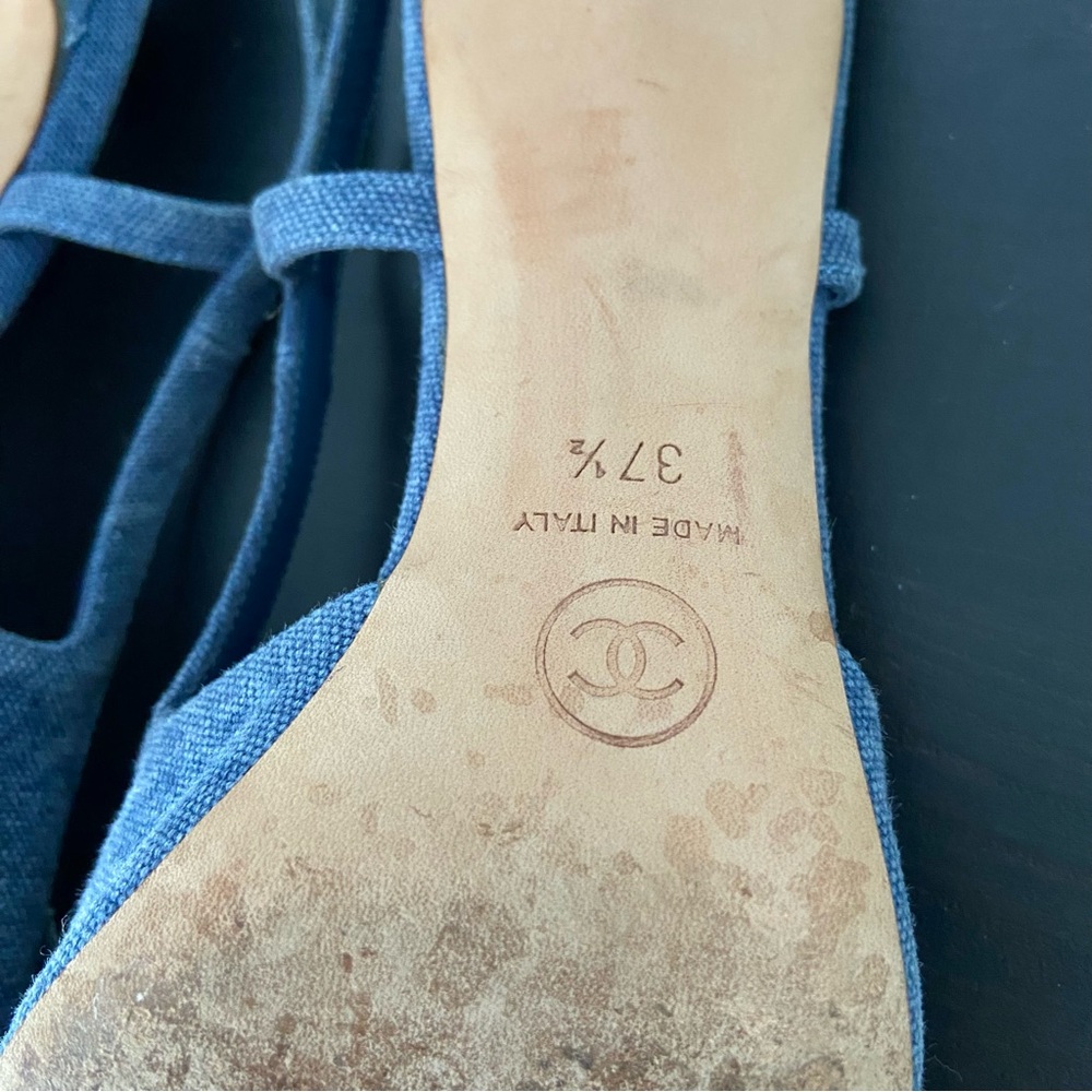 CHANEL Denim Camellia CC Logo Sandals Heels Open Toe Slingback 37.5 - Picture 13 of 16